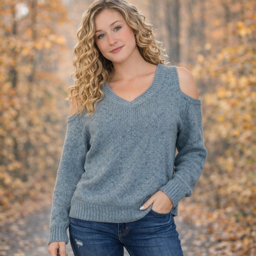 Rebecca Minkoff Alpaca Sweater Cold Shoulder Knit Sweater Womens Large Blue Wool